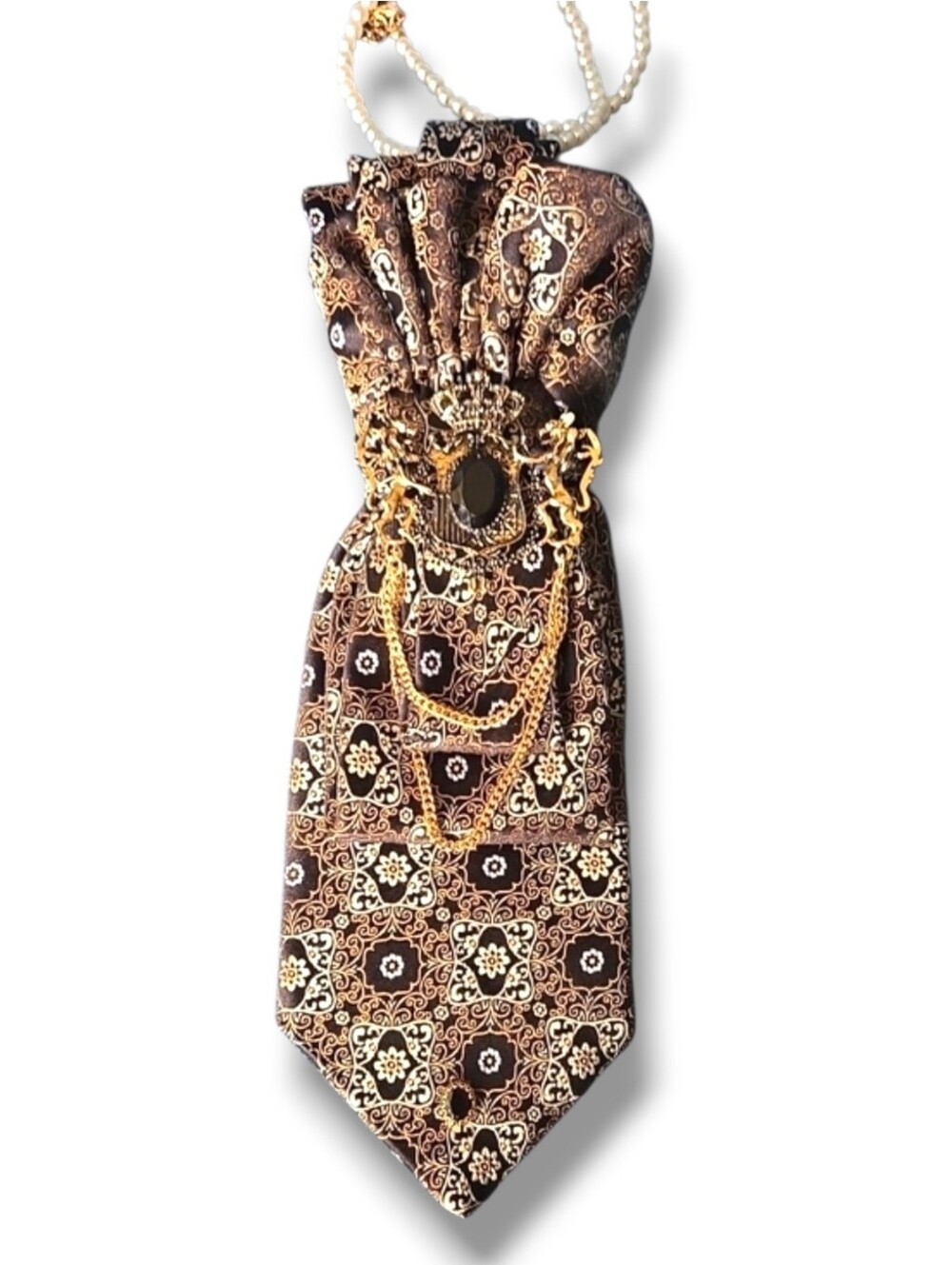 3/$60 Brown & Gold Patterned Cravat with Jewel Accent Pin